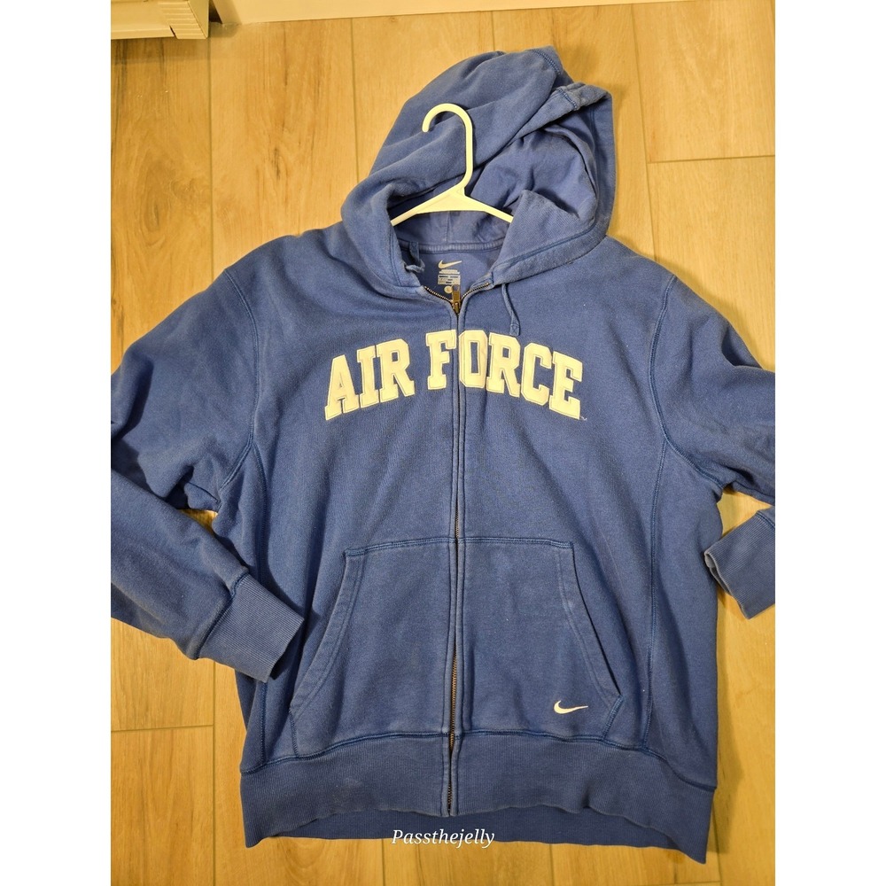 Nike Air Force Full Zip Hoodie Mens Large Blue Spellout Swoosh Y2K Fleece Zip